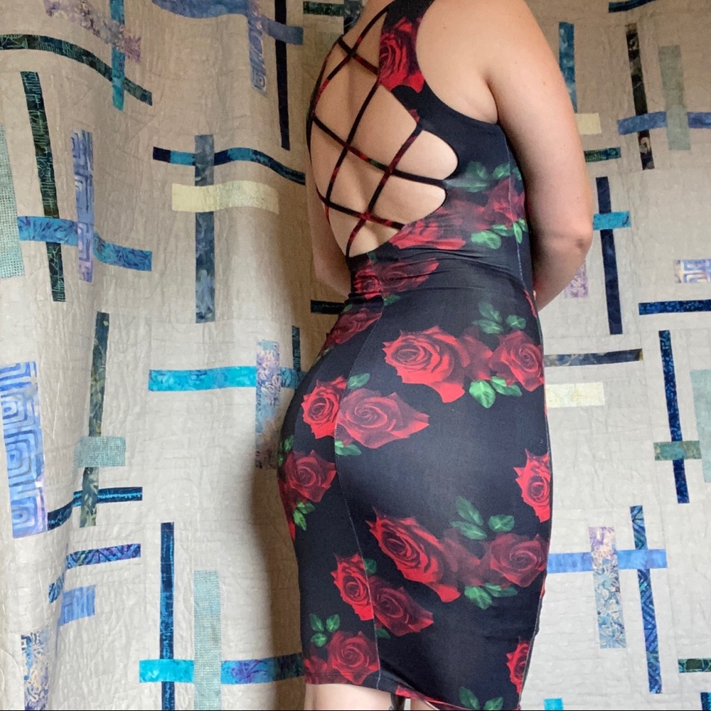 Rose print cross cross body con dress
